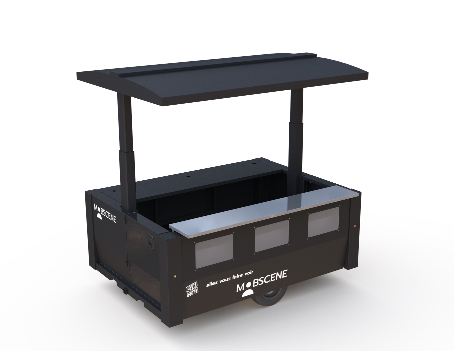 rendu 3D du kiosque mobile Mobscène avec le toit ouvert